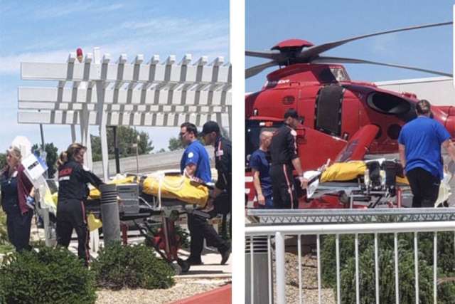 Side by side images of Jonathan Cosby being life flighted to UCLA Health in a red helicopter