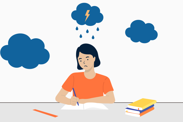 Illustration of girl taking test with cloud over head