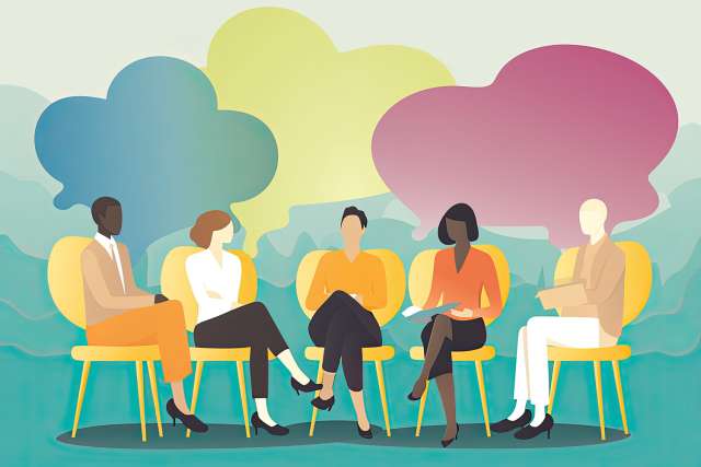 Group of diverse people with colorful thought bubbles