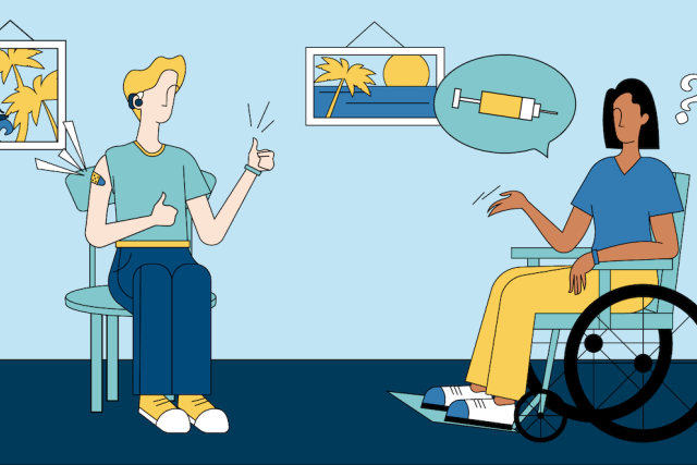 Illustration of a patient who just received a vaccine, doing a thumbs up signal to a handicap patient on a wheelchair, to give her confidence to get vaccinated.