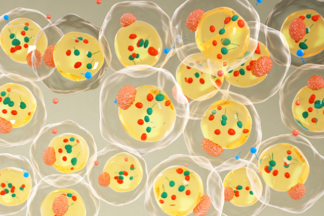 Illustration of orange nanocapsules in a tumor, reducing lactate and activating blue/green T cells for enhanced cancer immunotherapy.