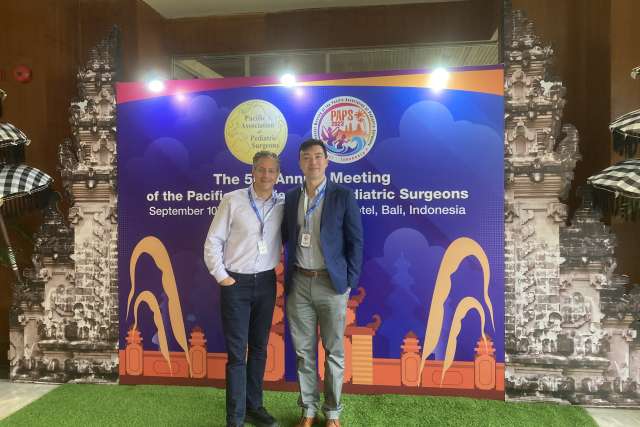 L to R: Dr. Daniel DeUgarte, pediatric surgeon and clinical professor of surgery; Dr. Jordan Rook, general surgery resident and National Clinical Scholars Program fellow. Photo courtesy of Daniel DeUgarte