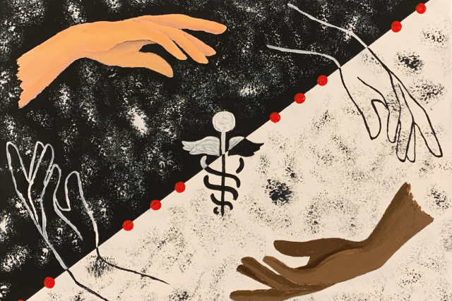 Illustration titled ‘Medical Equality’ showing diverse hands reaching toward a caduceus to represent equitable healthcare access