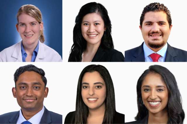 Six blurred professional headshots arranged in two rows