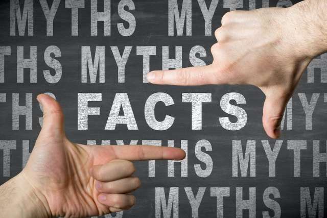 Two hands frame the word "FACTS" against a background of repeated "MYTHS."