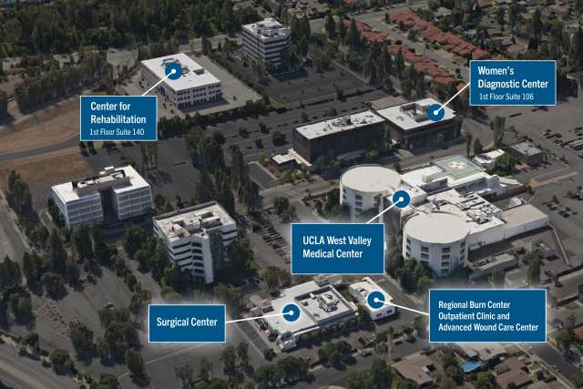 Aerial diagram of the UCLA West Valley Medical Center campus, labeling the main hospital and several satellite buildings.
