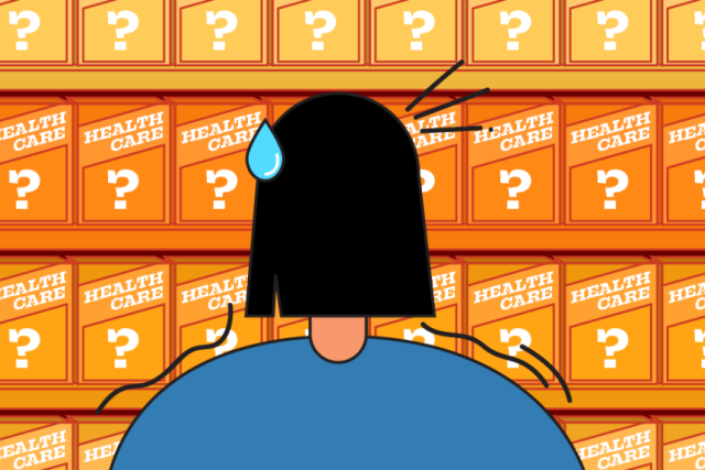 Illustration of a person sweating while facing shelves of health care boxes with question marks.