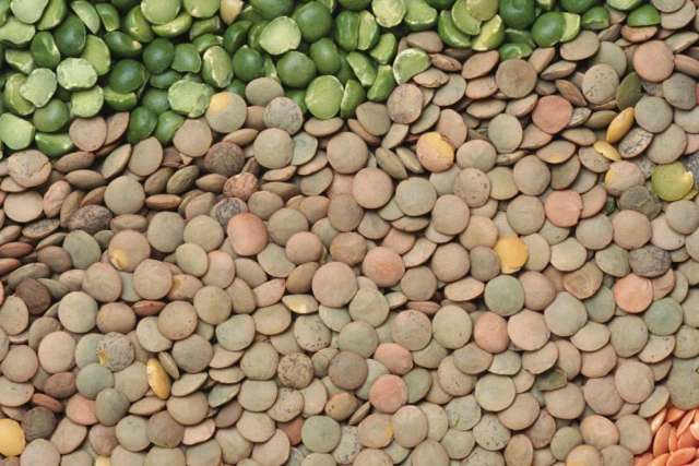 Assorted dried legumes in green, brown, and orange