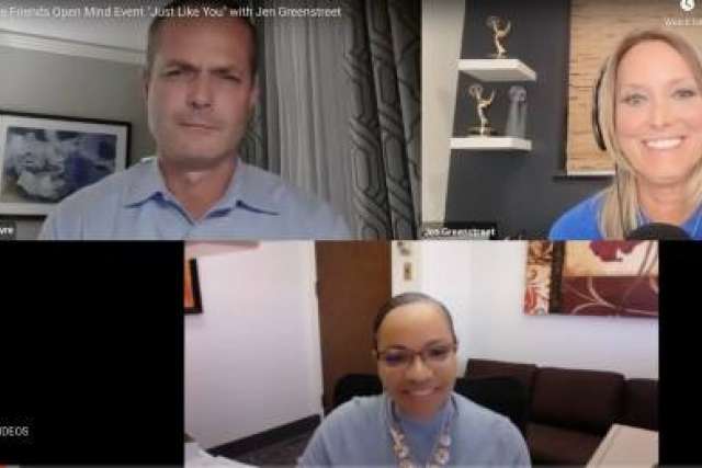 Video call layout featuring three participants in a professional setting.