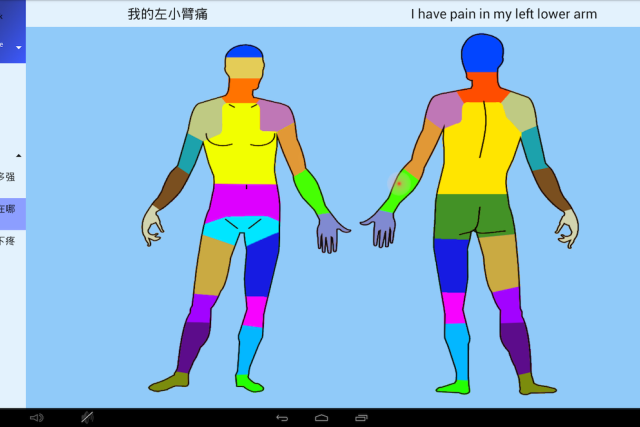 A screen capture of a pain map interface showing front and back views of a body, with the left lower arm highlighted green to indicate pain.