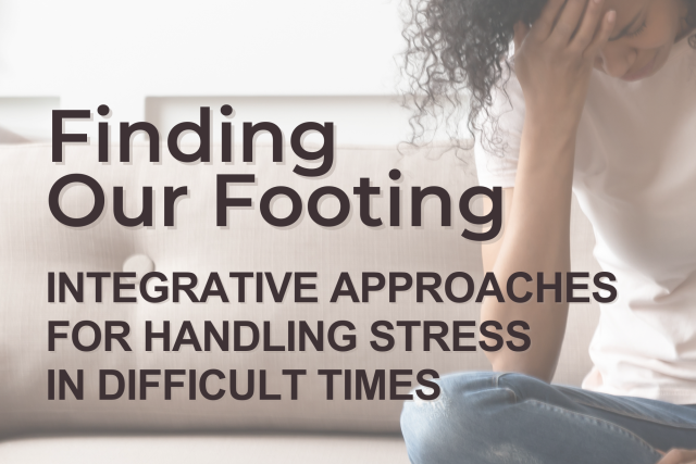 Seated woman with hand on forehead beside title 'Finding Our Footing'.