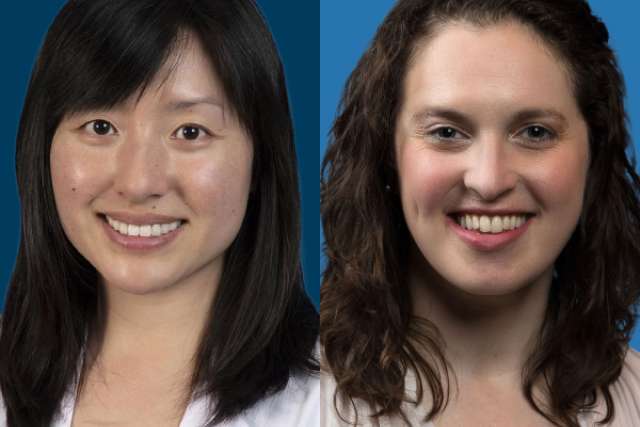 Two women in professional attire, one in a lab coat, against blue backgrounds.