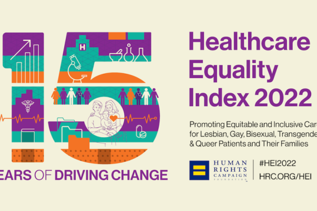 ChatGPT said: Healthcare Equality Index 2022 graphic with “15” in icons and text promoting inclusive care for LGBTQ+ patients and families.