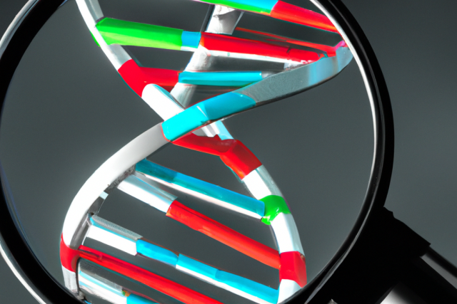Illustration of a DNA double helix wrapped around a magnifying glass, symbolizing genetic research and scientific analysis.
