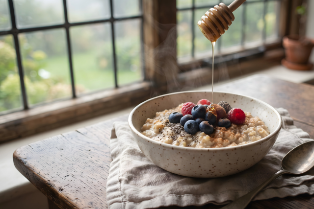 Bowl of oatmeal topped with berries as honey is drizzled over it.