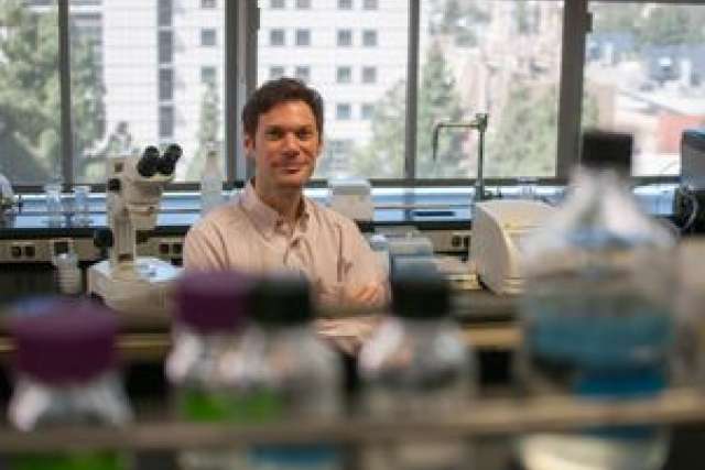 Scientist in a lab with microscopes and colorful chemical bottles in the foreground.
