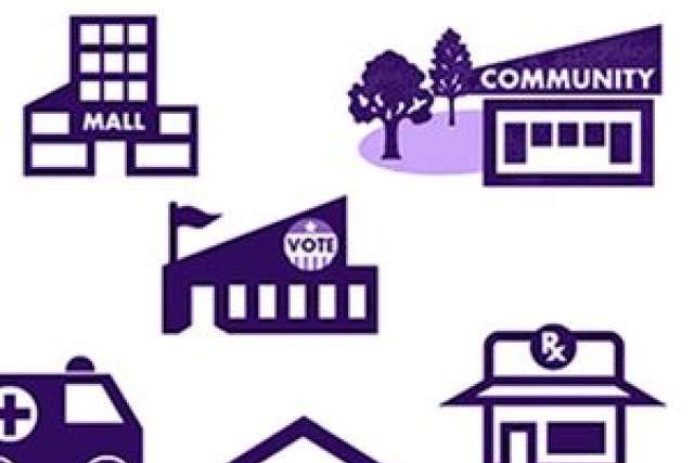 A-sermon-and-a-flu-shot graphic with icons for church, community center, mall, pharmacy