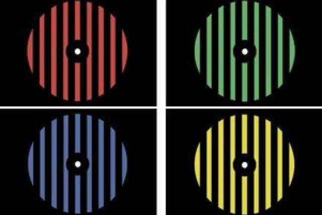 Four circular graphic designs featuring vertical stripes in red, green, blue, and yellow.