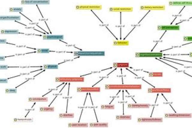 Mind map illustrating symptoms and factors related to diverticulitis.