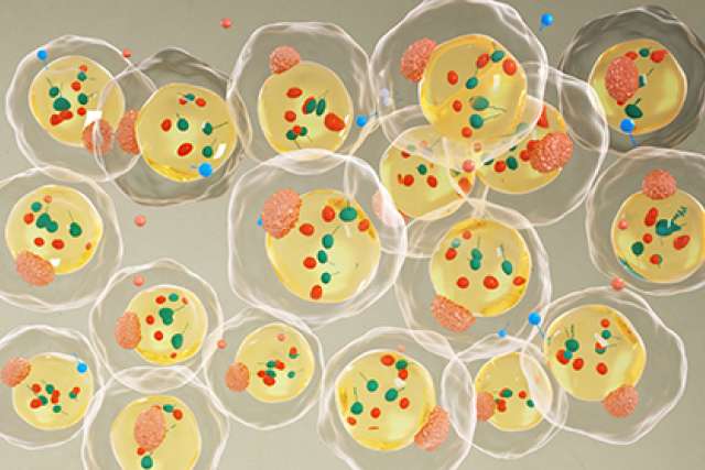 Illustration of lactate oxidase nanocapsules (orange) within a solid tumor, reducing lactate levels and generating hydrogen peroxide to activate and recruit T cells (blue and green), thereby enhancing cancer immunotherapy Illustration of cell drug delivery
