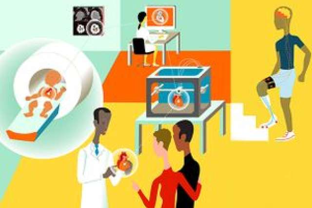 Illustration showing heart prosthetics, medical professionals, and active individuals.