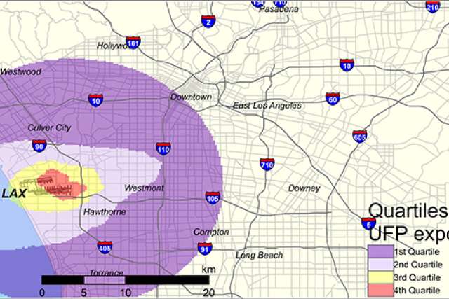 Map showing levels of pollution from jet exhaust