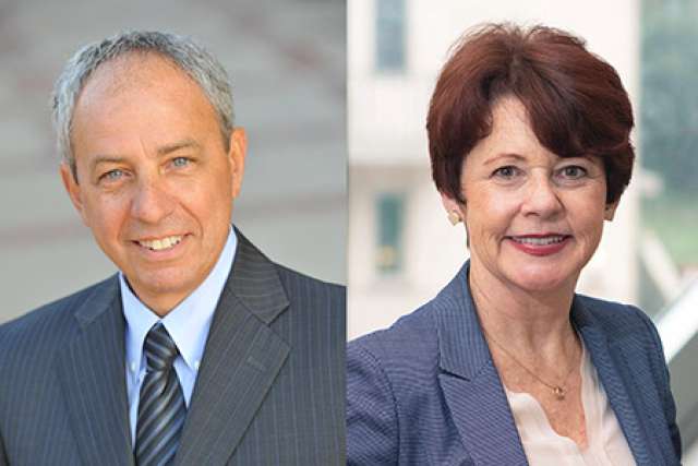 Left: John Mazziotta, MD, PhD, vice chancellor of UCLA Health Sciences and CEO of UCLA Health; right: Karen Grimley, PhD, RN, chief nursing executive of UCLA Health