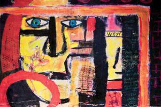 Abstract painting featuring bold colors and stylized faces.