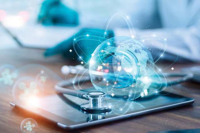 Research hologram hovering over stethoscope and tablet device