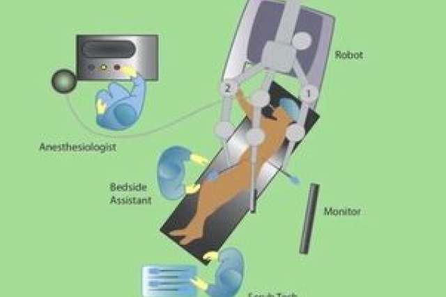 Diagram illustrating robot-assisted surgery procedure with medical team roles.
