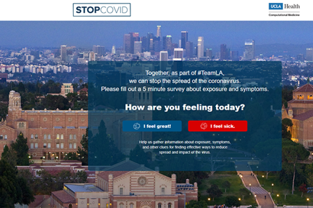 Screenshot of UCLA Health “STOP COVID” survey banner over campus skyline, prompting users to report symptoms to help track virus spread.
