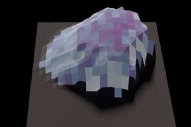 3D model of a textured rock with shades of purple, blue, and gray on a dark background.