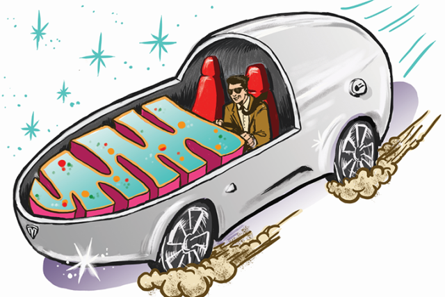 Illustration of a Testa car and a Mitochondria combined.