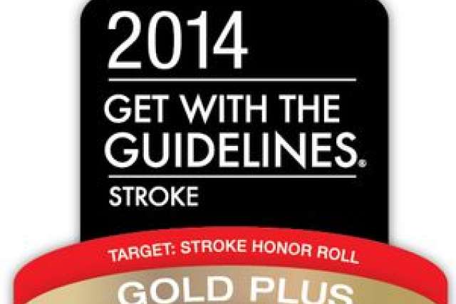 2014 Stroke Honor Roll Gold Plus award logo for stroke care guidelines.