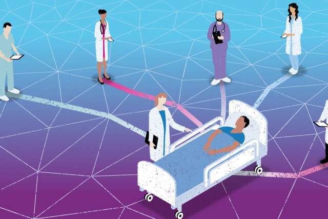 Illustration of healthcare workers connected by a geometric network to a patient in a hospital bed, symbolizing coordinated care.