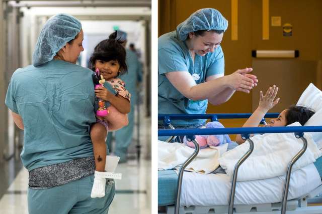 Karleen Wray in a side-by-side image where she is interacting with her young patients
