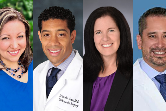 Headshots of four UCLA Health professionals, including two in medical attire and two in business clothing, smiling at the camera.