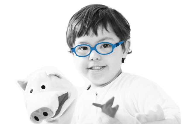 Child posing with a pig puppet, in black and white, with blue sunglasses highlighted.
