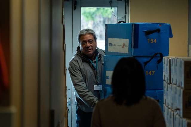 Courier Jose Zapata picks up blood units