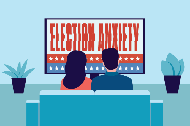 An illustrated man and woman sit on a couch, facing a TV screen that reads "ELECTION ANXIETY."