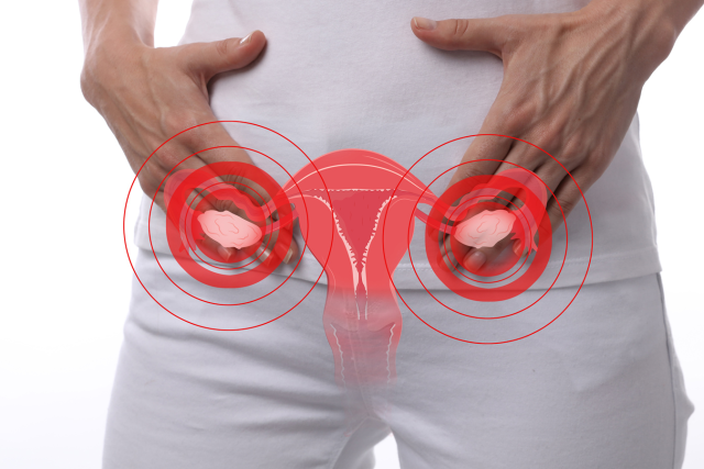 A woman places her hands on her body next to an illustration of the uterus and ovaries.
