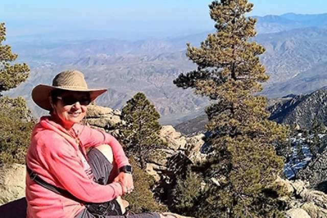 Person sitting on a rock with a scenic mountain view in the background.
