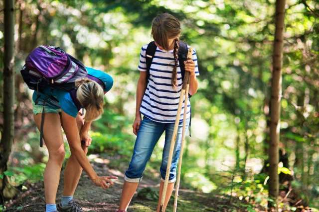 Two hikers on a forest trail; one applies bug repellent to the other's leg.