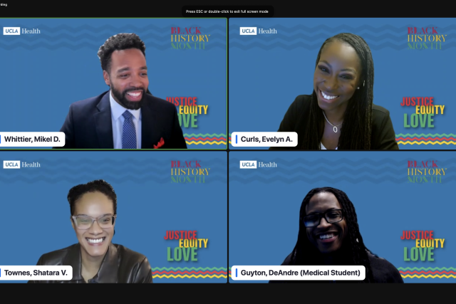 Four people in a video call—Mikel Whittier, Dr. Evelyn Curtis, DeAndre Guyton, Dr. Shatara Townes—discuss health justice for Black History Month. 