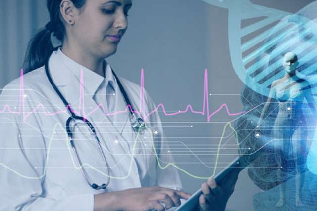 Doctor with tablet, DNA helix and ECG overlay