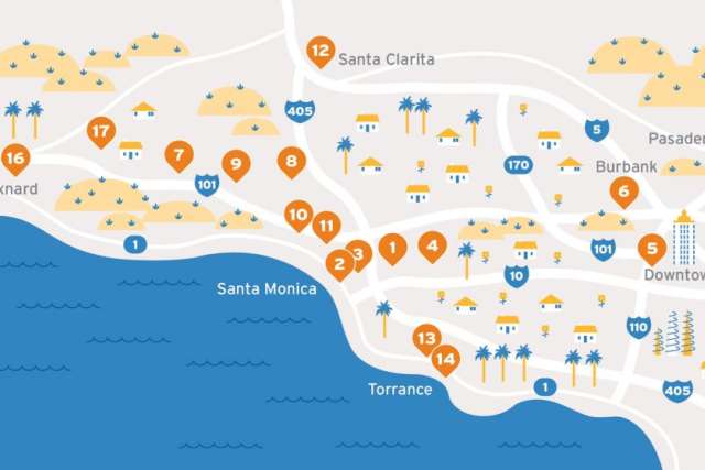 Santa Monica coastline with hospital and clinic location markers