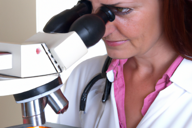 Female doctor in a white coat using a microscope in a clinical setting, representing medical research or diagnostic analysis.