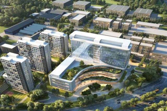 Aerial 3D rendering of a large, modern, glass-fronted office complex with a curved, terraced green roof, surrounded by apartment buildings.