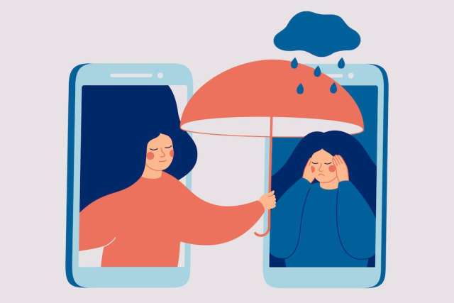 Illustration of one person holding an umbrella through a phone screen to shield another person from rain, symbolizing online support.