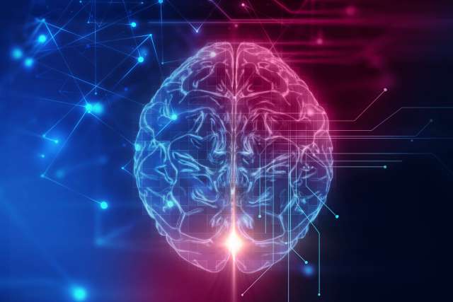 Digital illustration of a human brain glowing blue and pink, surrounded by interconnected lines and data points, symbolizing neurological activity.